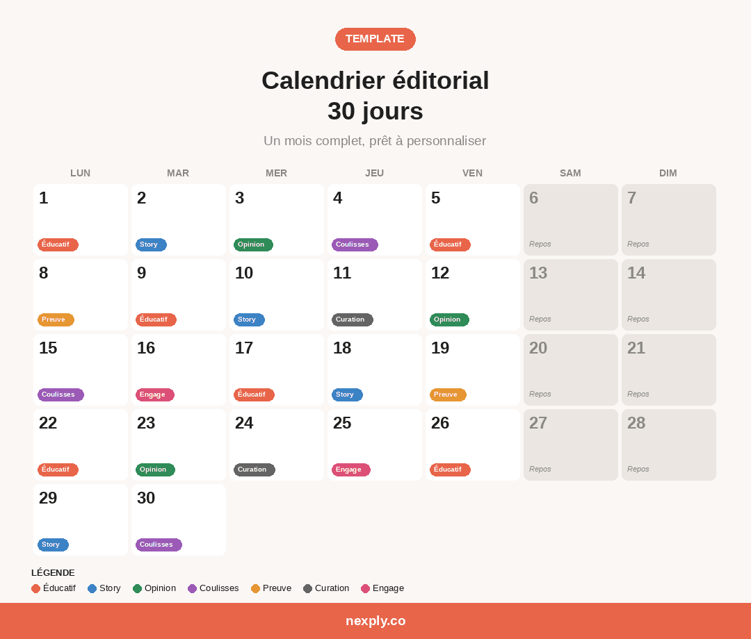 Template de calendrier éditorial 30 jours pour freelance avec 7 piliers de contenu codés par couleur : éducatif, story, opinion, coulisses, preuve, curation et engagement