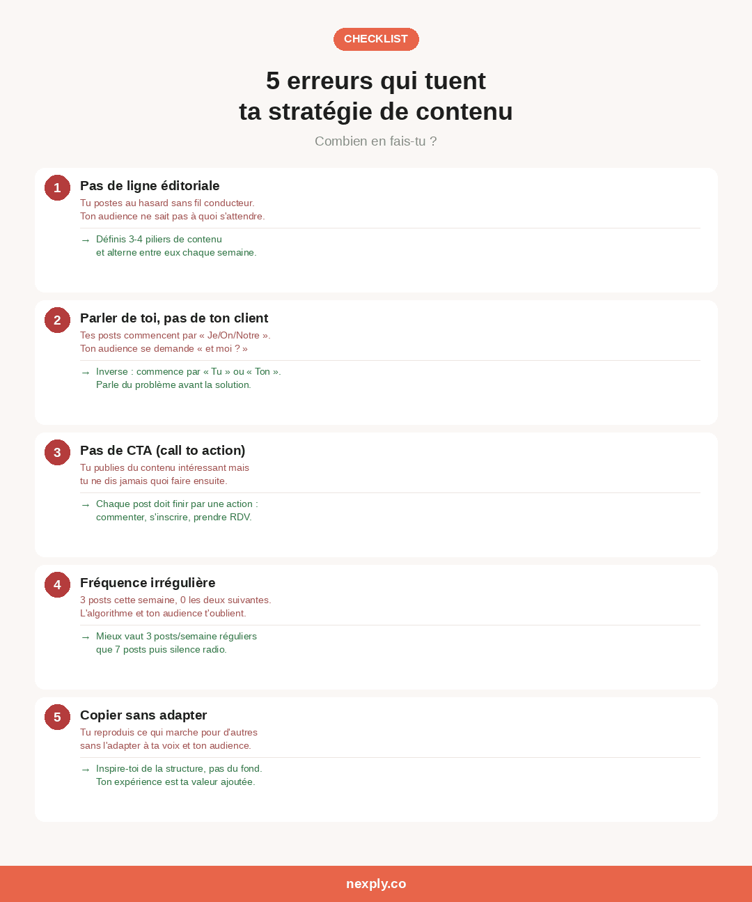 Checklist des 5 erreurs qui tuent ta stratégie de contenu : pas de ligne éditoriale, parler de soi, pas de CTA, fréquence irrégulière, copier sans adapter