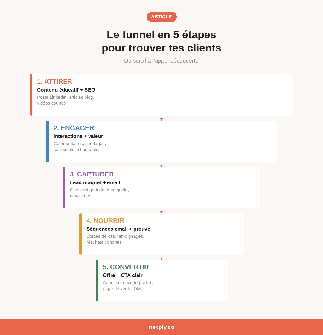 Le funnel en 5 étapes pour trouver des clients en freelance : attirer (contenu + SEO), engager (interactions + valeur), capturer (lead magnet + email), nourrir (séquences + preuve), convertir (offre + CTA)