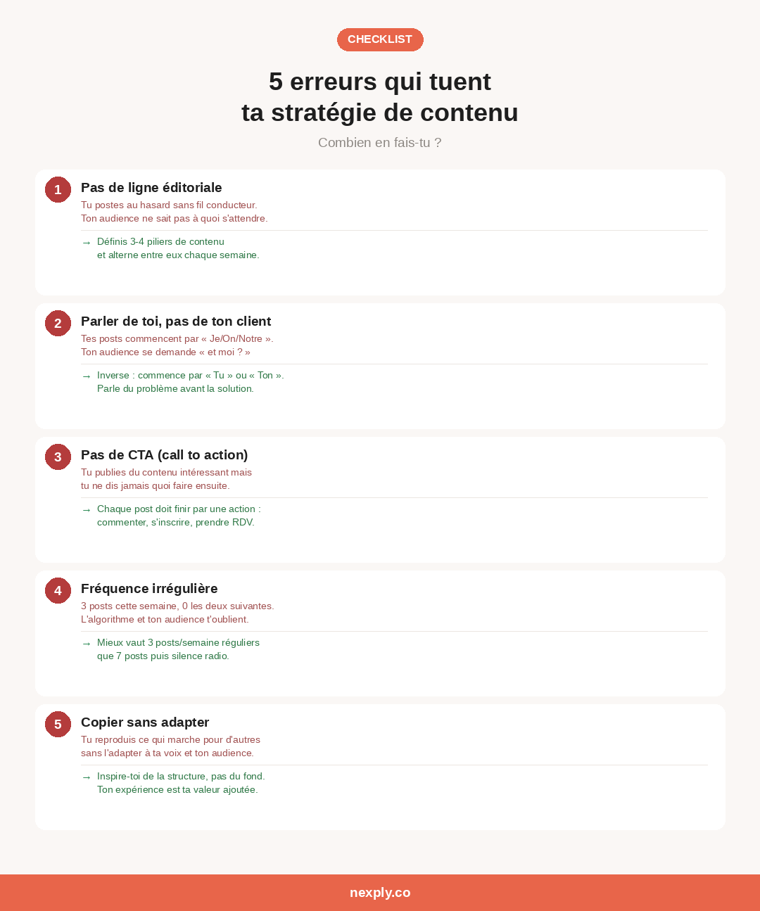 Checklist des 5 erreurs qui tuent ta stratégie de contenu : pas de ligne éditoriale, parler de soi, pas de CTA, fréquence irrégulière, copier sans adapter