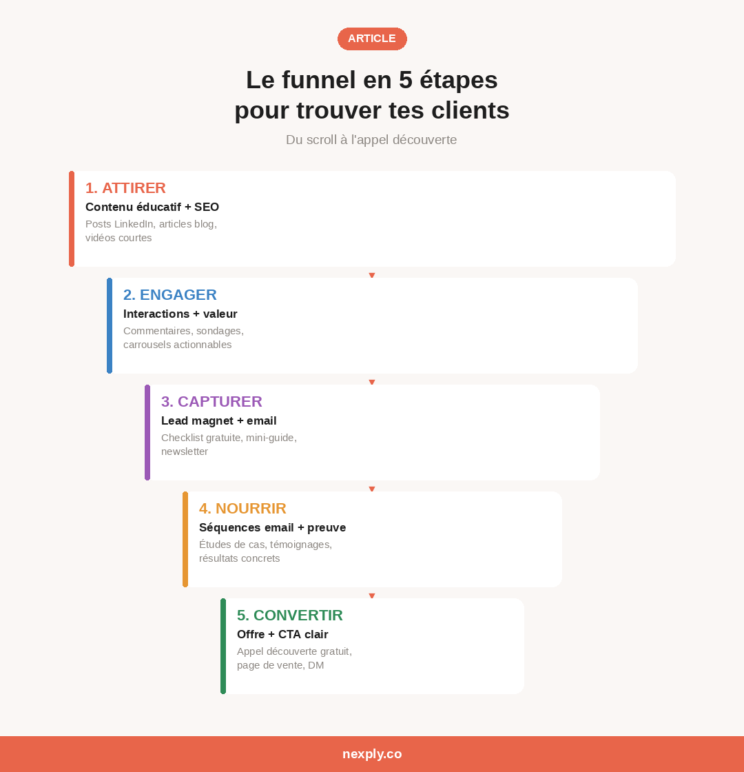 Le funnel en 5 étapes pour trouver des clients en freelance : attirer (contenu + SEO), engager (interactions + valeur), capturer (lead magnet + email), nourrir (séquences + preuve), convertir (offre + CTA)